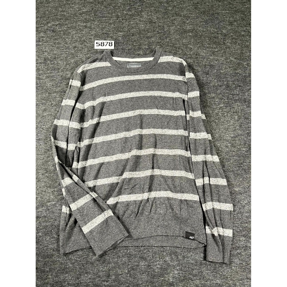 Aeropostale A87 Sweater Mens XL Gray White Striped Cotton Ribbed Hem Winter